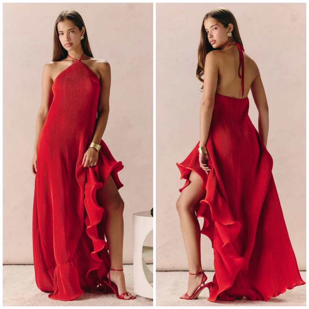 PrettyLittleThing Red Satin Plisse Long Maxi Dress Sz 12 Halter Frill Detail